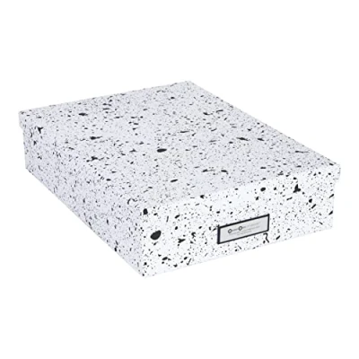 Abbildung von BIGSO BOX OF SWEDEN OSKAR Dokumentenbox für A4 Papier, Broschüren usw. Schreibtischablage mit Deckel und Griff Aufbewahrungsbox aus Faserplatte Papier schwarz gesprenkelt