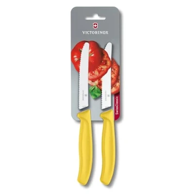 Abbildung von Victorinox Swiss Classic 2er Set Gemüsemesser mit Wellenschliff, 11 cm Klinge, Rostfrei, Made, gelb