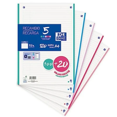 Abbildung von Oxford, A4 linierte Blätter, perforiert, 1 Linie, 120 Blatt, 4 Bohrungen, 5 Pastellbänder