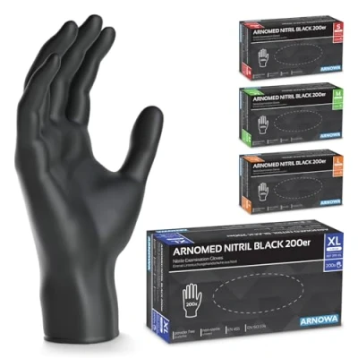Abbildung von 200x ARNOMED Einweghandschuhe Schwarz, Einmalhandschuhe XL, Nitrilhandschuhe puderfrei, Handschuhe Einweg latexfrei, Gummihandschuhe Einweg, Nitril, S, M, L &amp; XL