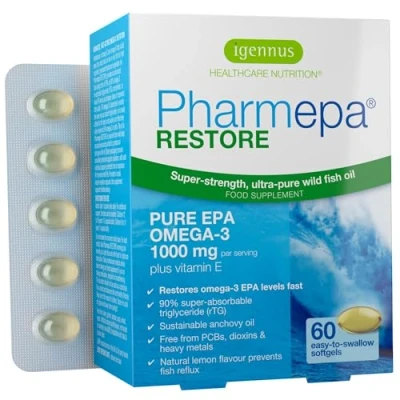 Abbildung von PharmEPA RESTORE 1000mg reines EPA in Triglyceridform, Omega 3 90% Fettsäuren Fischölkapseln, Hochdosiert, Dreifache Stärke, 60 Kapseln, von Igennus