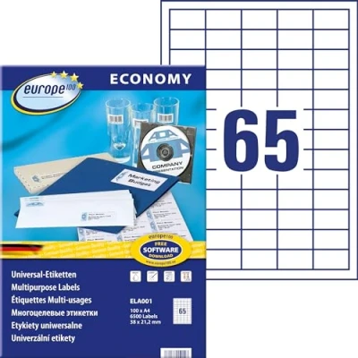 Abbildung von Europe100 Art. ELA001 Universal Etiketten (6.500 Klebeetiketten, 38x21,2mm auf A4, Papier matt, individuell bedruckbar, selbstklebende Aufkleber, kompatibel zu AVERY 3666) 100 Blatt, weiß