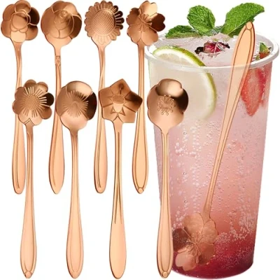 Abbildung von MINGZE 8 Stück Blumen Löffel Set, Edelstahl Teelöffel, Kaffeelöffel, Kaffee Rührlöffel, Zucker Löffel, Dessertlöffel, Teelöffel Satz, Eiscreme (Roségold)1