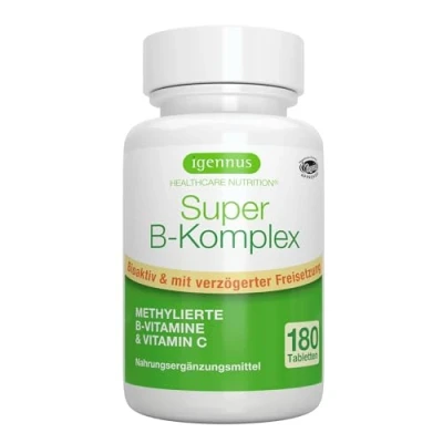 Abbildung von Vitamin B Komplex Hochdosiert Methylierte Vitamine mit Folat, B6, B1 &amp; B12 alle 8 in bioaktiven Formen plus C, Depotwirkung, vegan, 180 Tabletten, von Igennus