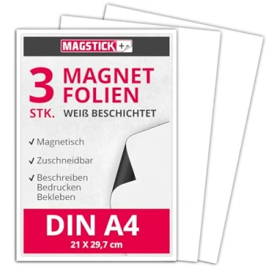 Abbildung von 3er Set Magnet Folie in DIN A4 I magnetisch, weiß beschichtet permanent beschreibbar für Kfz Auto LKW Lager Schild Tür mag_112