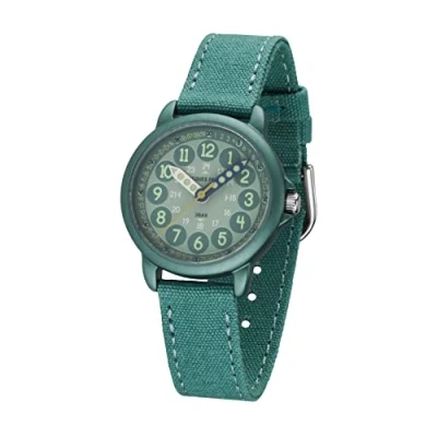 Abbildung von JACQUES FAREL Lernuhr Öko Kinderuhr Jungen Armbanduhr Analog Quarz mit Textilarmband aus Bio Baumwolle Jade Blau Türkis Nachhaltig ORGT 1114