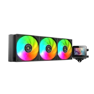 Abbildung von Mars Gaming ML VISION360, Flüssigkeitskühlung AIO, TDP 600W, 3x ARGB Lüfter mit Kupfer und Aluminium FDB Kern, 4:3 IPS LCD Display 360 Rotation Software, Universeller Multisockel, Schwarz