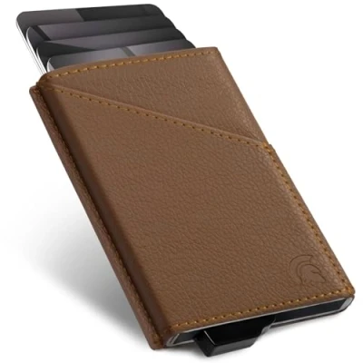 Abbildung von POWR RFID blockierender Kartenhalter, stilvolle, schlanke Brieftasche und kontaktloser Kreditkartenschutz, braunes Leder, Minimalistisch