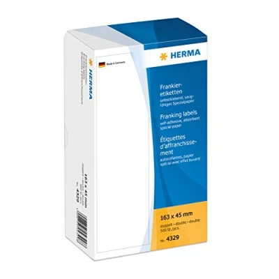 Abbildung von HERMA 4329 Frankieretiketten für Frankiermaschinen, doppelt, 163 x 45 mm, 500 Stück, selbstklebend, matt, 2fach Papier Frankier Etiketten Klebeetiketten Aufkleber, weiß