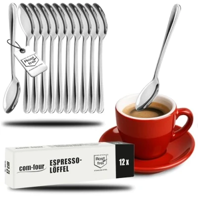 Abbildung von COM FOUR® 12x Espressolöffel aus rostfreiem Stahl stilvolles Tafelbesteck im schlichten Design Teelöffel Dessertlöffel Teeservice (12 Stück Espresso Löffel 12cm)
