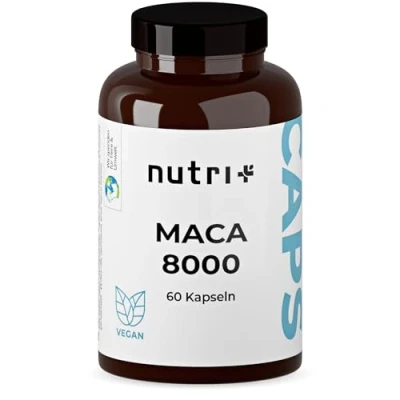 Abbildung von Nutri + Maca Kapseln Gold 8000 hochdosiert vegan Original 20:1 Premium Extrakt (Root Powder) 60 Caps laborgeprüft für Männer &amp; Frauen