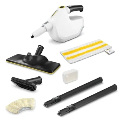 Abbildung von Kärcher Dampfreiniger SC 1 Multi &amp; Up, Aufheizzeit: 30 s, Flächenleistung: ca. m², Tank: 0,2 l, Gewicht: 1,6 kg, Bodendüse EasyFix Large, Mikrofaser Bodentuch Entkalkungskartusche