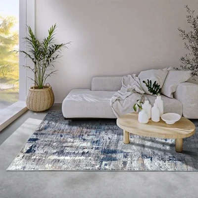 Abbildung von ELLE Decoration Malard Teppich Moderner Abstrakter Rutschfester Design Kurzflor für Schlafzimmer, Esszimmer, Wohnzimmer, Flur, Küche Dunkelblau Beige, 120x160cm