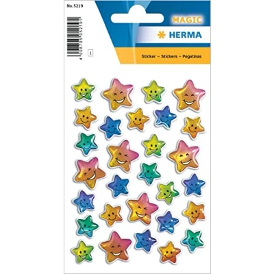 Abbildung von HERMA 5219 Aufkleber Sterne klein, 29 Stück, 3D Belohnung Sticker mit Smiley Emoji Gesicht Motiv, Kinder Etiketten für Schule Grundschule Schüler Tagebuch Scrapbooking Geburtstag Deko DIY Basteln