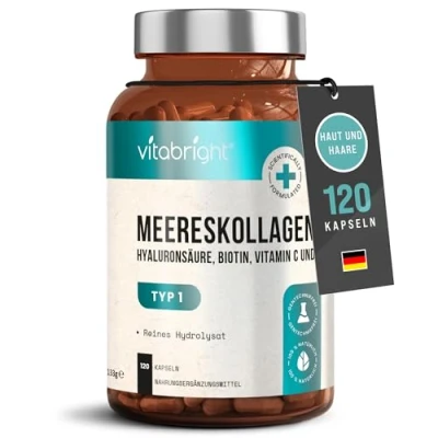 Abbildung von Hyaluron und Kollagen Kapseln Hochdosiert, Peptide Hydrolysat + Kapseln, Fisch Pulver Präparate, 120 Collagen VitaBright Marine Peptides