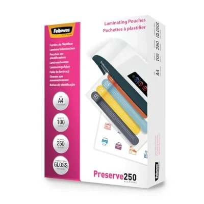 Abbildung von Fellowes Laminierfolien A4, 250 Mikron (2 x mic), Heißlaminierfolien mit glänzendem Finish, sehr stark, 100 Stück