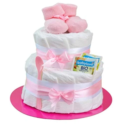 Abbildung von Windeltorte Mädchen 2 stöckig in Rosa mit Babysocken, Geschenke zur Geburt für die Mutter, Taufe oder Baby Party Geschenkidee neugeborene Windeln Inklusive Glückwunschkarte