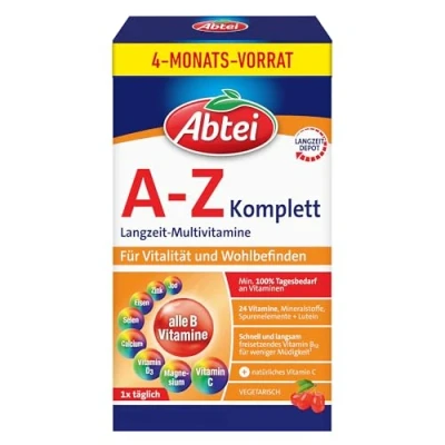 Abbildung von Abtei A Z Komplett Langzeit Multivitamine für mehr Vitalität Mit 24 Vitaminen und Mineralstoffen Glutenfrei, Laktosefrei, Vegetarisch Vorratspackung 120 Tabletten 4 Monate