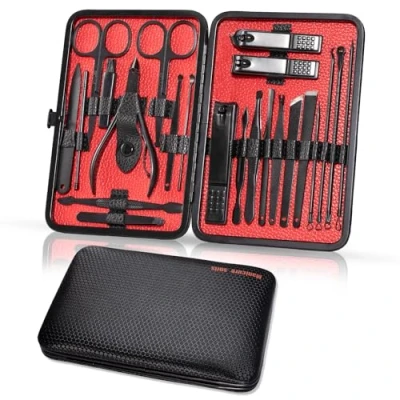 Abbildung von Maniküre Set Nagelset 23 teiliges Pediküre Nagelknipser Edelstahl Tragbarer Nagelschere mit PU Ledertasche Nagelpflegeset Professionelle Rundum Hand Fußpflege Kit für Damen Herren, Schwarz Rot