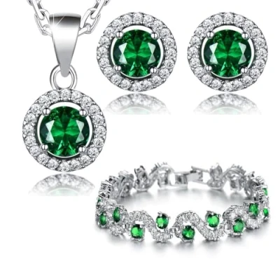 Abbildung von Crystalline Azuria Rund Grüner simulierter Smaragd Zirkonia Kristalle Schmuck Set Halskette Anhänger Ohrringe Armband 18 kt Weiß Vergoldet