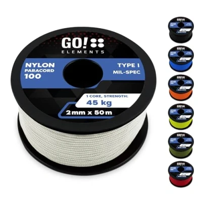 Abbildung von GO!elements 50m Paracord 2mm Seil aus reißfester Nylonschnur 100 Typ I Survival Schnur Reißfest bis 45kg geeignet als Allzweckseil, Reepschnur, Kordel, Maurerschnur, Farbe: Weiß