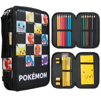 Abbildung von Pokemon Federmäppchen Jungen und Mädchen Mäppchen Gefüllt mit Schreibwaren Set Pikachu Geschenke für Kinder Teenager (AOP Charaktere)