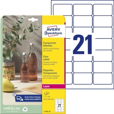 Abbildung von AVERY Zweckform L7782 25 transparente Etiketten (525 Klebeetiketten, 63,5x38,1mm auf A4, selbstklebend, Aufkleber zum Bedrucken, wetterfest, Beschriftungen/Produktaufkleber) Blatt, durchsichtig