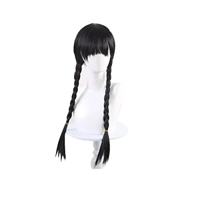 Abbildung von thematys Wednesday Addams Perücke Geflochtene Zöpfe, Superhelden Kostüm für Erwachsene Damen Karneval &amp; Halloween