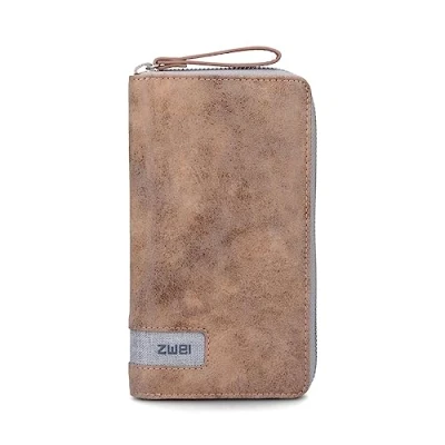 Abbildung von Zwei Große Damen Geldbörse Olli OW2 mit umlaufendem Reißverschluss 19 x 11 cm, hochwertiges Kunstleder in braun Farbakzenten, Kleingeldfach, 15 Kartenfächer, Sichtfach, 2 Scheinfächer (Ice)