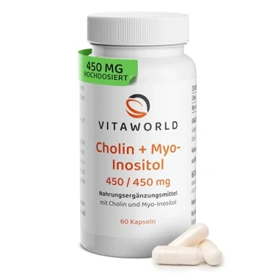 Abbildung von vitaworld Cholin 450 mg + Myo Inositol mg, für normale Leberfunktion und normalen Fettstoffwechsels, optimales Verhältnis 1:1, vegan, 60 Kapseln