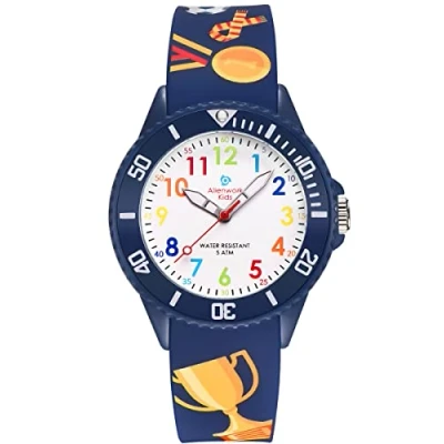 Abbildung von Alienwork Fußball Jungs Lernuhr Kinderuhr Jungen Mädchen Marineblau Silikon Armband Mehrfarbig Kinder Uhr Wasserdicht 5 ATM Zeit Lernen