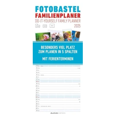 Abbildung von Alpha Edition Foto Bastel Familienplaner 2025 Bastelkalender, 19,5x45cm, Wandkalender mit 5 Spalten für Termine, Mondphasen, Ferientermine DE/AT/CH ... Kalendarium: Do it yourself familyplanner