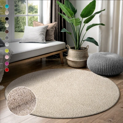 Abbildung von SANAT Teppich Rund Beige Hochflor, Langflor Modern Teppiche fürs Wohnzimmer, Schlafzimmer, Esszimmer oder Kinderzimmer, Größe: 120x120 cm