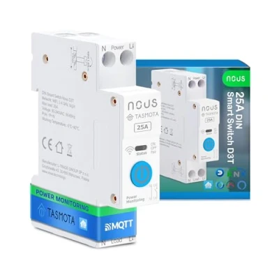 Abbildung von Nous Intelligenter DIN Schalter 25A mit Tasmota (ESP32), Energieüberwachung, kompatibel MQTT, Home Assistant, Matter, Sprachsteuerung Alexa, Google Assistant