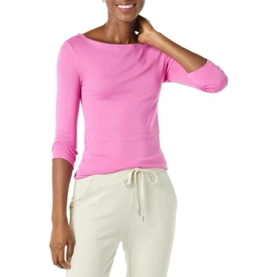 Abbildung von Amazon Essentials Damen Einfarbiges T Shirt mit U Boot Ausschnitt und 3/4 Ärmeln in schmaler Passform, Kräftiges Rosa, XS