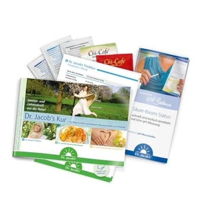 Abbildung von Dr. Jacob’s Kur Probierpaket I 5 Produktmuster, 36 pH Messstreifen, Flyer, Ratgeber, basische Rezepte Basenpulver &amp; plus Chi Cafe balance, classic, ReiChi