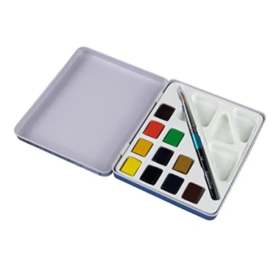 Abbildung von Daler Rowney Aquafine Aquarellfarbe, halbe Pfannenfarbe, Reise Set, 10 + 1 Aquarellpinsel, ideal für Profis und Anfänger, Künstler Studenten
