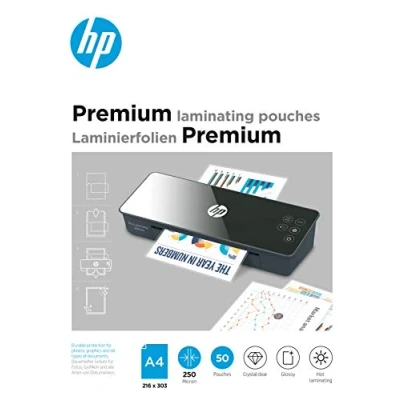 Abbildung von HP Premium Laminierfolien, DIN A4, 250 Micron, glänzend, transparent, zum Heißlaminieren, 50 Stück, 9125