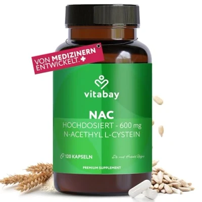 Abbildung von Vitabay NAC Kapseln N Acetyl Cystein 120 VEGAN &amp; LABORGEPRÜFT 600 mg L Acetylcystein 600mg Supplement Cysteine