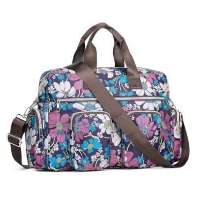 Abbildung von KONO Damen leichte Handtasche, Wasserdichte Umhängetasche mit Blumenmuster, Groß Henkeltasche für Frauen, Multifunktionale Schultertasche Reisen, Shopper, Arbeit(Marineblau)