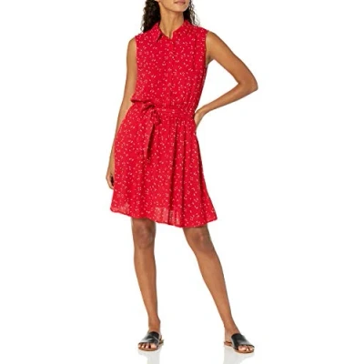 Abbildung von Amazon Essentials Damen Ärmelloses gewebtes Hemdkleid mit lockerer Passform, Rot Leafy Floral, XL
