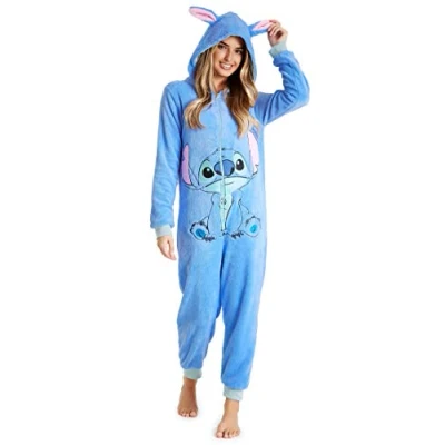 Abbildung von Disney Onesie Damen Stitch Einteiler Pyjama Eeyore, Minnie, Maleficent Schlafanzug Größen von S XXL (Blau Stitch, XL)