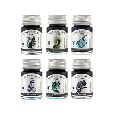 Abbildung von Octopus Write and Draw Ink Set RIVER, wasserfeste Tinte zum Schreiben und Zeichnen, Kalligraphietinte, Zeichentusche für Füllhalter, 6x10 ml