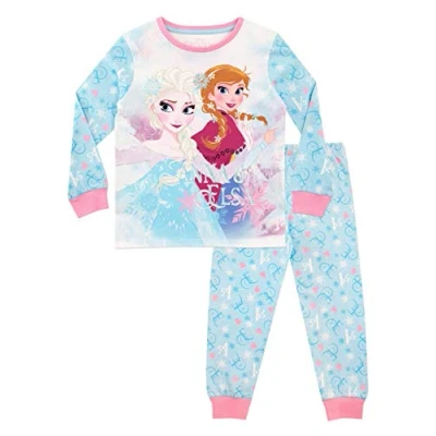Abbildung von Disney Schlafanzug Mädchen 100% Baumwolle Frozen Pyjama Kinder ELSA Eiskönigin und Anna Lang Schlafanzüge Blau 92cm