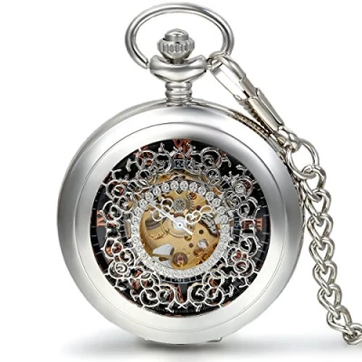 Abbildung von JewelryWe Herren Damen Taschenuhr Vintage Klassiker Handaufzug mechanische Kettenuhr Skelett Uhr mit Halskette Kette Umhängeuhr Vatertag Silber