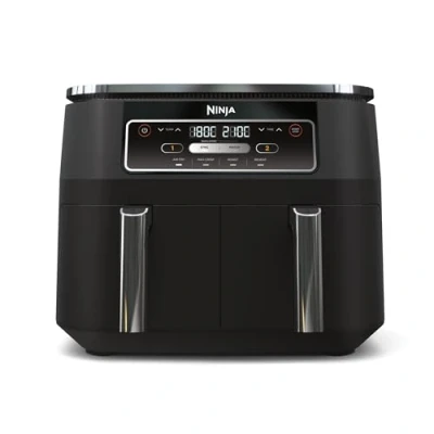 Abbildung von Ninja Foodi Dual Zone Airfryer Heißluftfritteuse, 2 Fächer, 7,6 l, 4 in 1, ohne Öl, Heißluftfrittieren, Max Crisp, Braten, Aufwärmen, antihaft, spülmaschinenfester Korb &amp; Knusperblech, Schwarz AF200EU