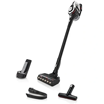 Abbildung von Bosch Akku Staubsauger Unlimited Gen2 Serie 8 BKS8214W, beutellos, bis 45 Min Laufzeit, austauschbarer Akku, LED Beleuchtung, automatische Anpassung an alle Bodenarten, XXL Polsterdüse, weiß