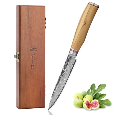 Abbildung von Wakoli Olive HS Damastmesser Allzweckmesser &amp; Universalmesser I 12,5cm Klinge gefertigt aus 67 Lagen edlem Damaststahl mit Olivenholzgriff und Hammerschlag Premium Küchenmesser in edler Holzbox