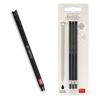 Abbildung von Legami Set mit 1 Gel Radierstift und 3 Minen, Katzenmotiv, Kugel am Ende zum Entfernen der Tinte Schwarze Thermosensitive Tintenspitze Durchmesser 0,7 mm
