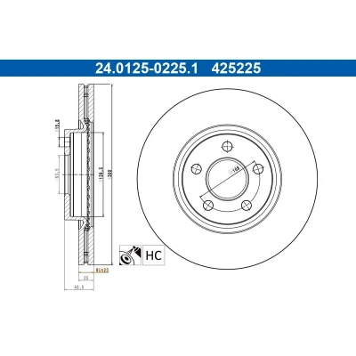 Abbildung von ATE Bremsscheibe FORD: Transit Connect Mk2 Estate, V408 Van, Tourneo / Grand Estate 24.0125 0225.1